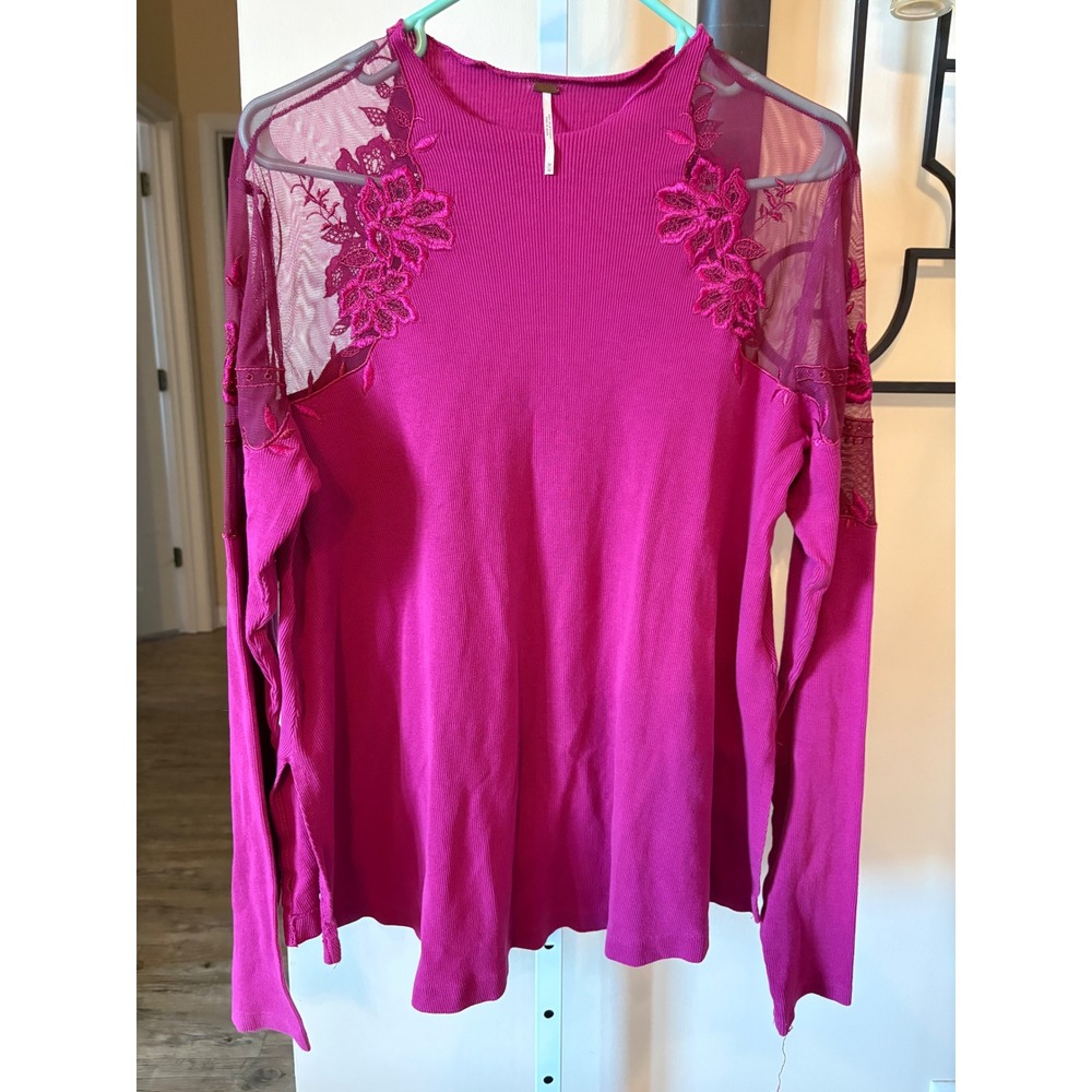Free People Magenta Ribbed Knit Top Sheer Mesh Floral Embroidered Long Sleeve M